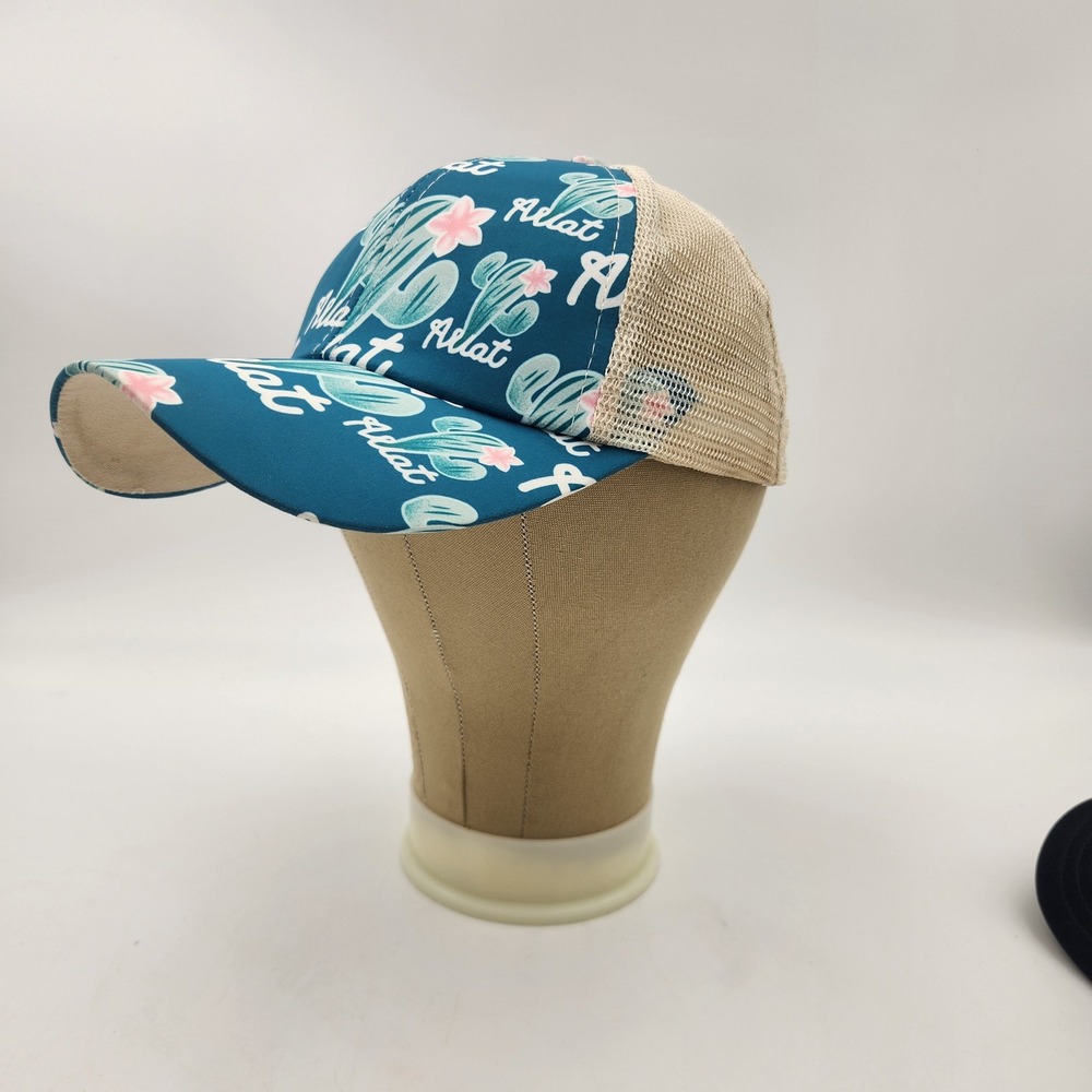 Womens Cactus Print Ponytail Trucker Hat Teal Tan Mesh Baseball Cap EUC - Picture 7 of 10